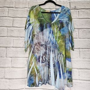 One World 1X Tunic Womans Multicolor Stripe Short Sleeves Stretch Pullover